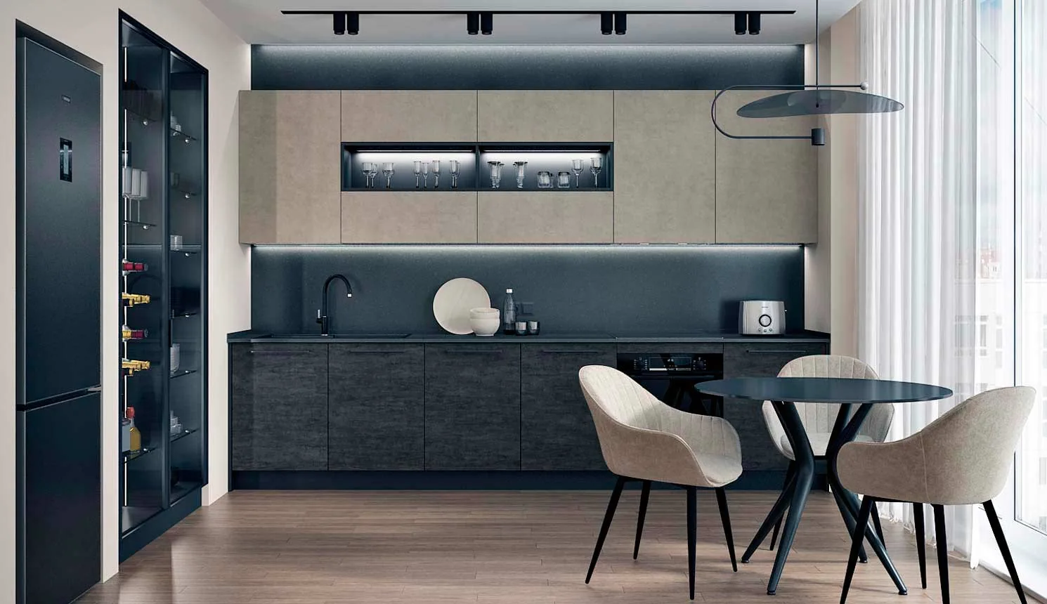 Mobilier de bucătărie minimalist în nuanțe de gri